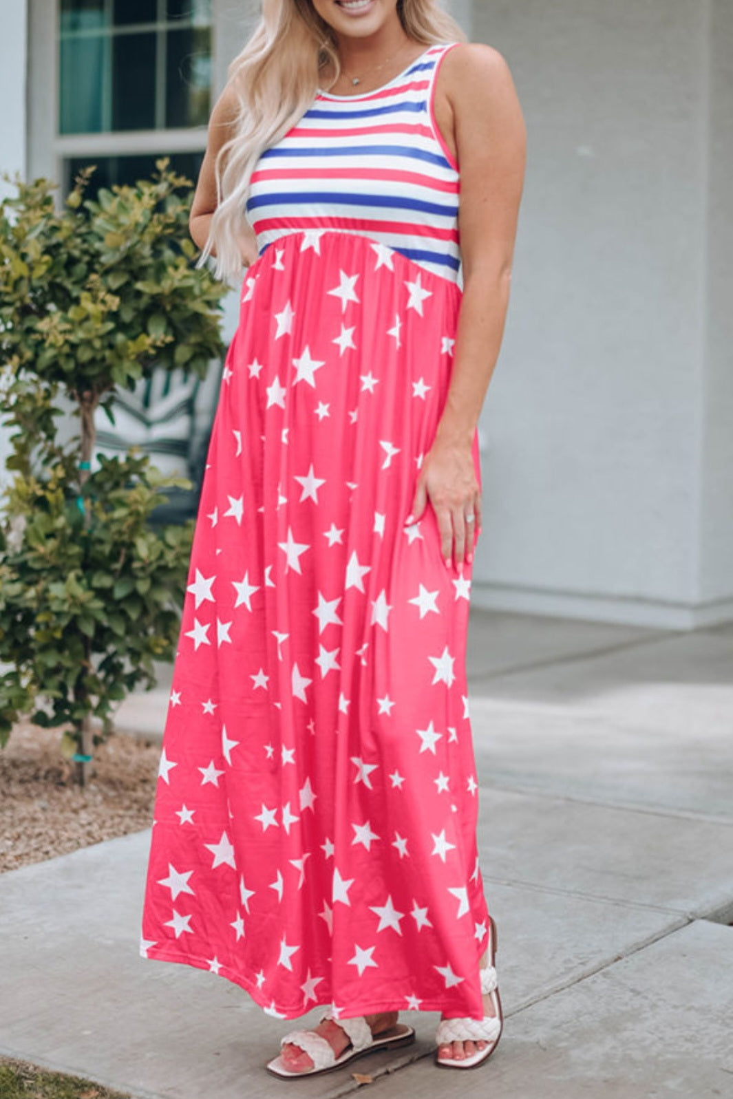 Red Stars & Stripes Maxi Dress with Pockets