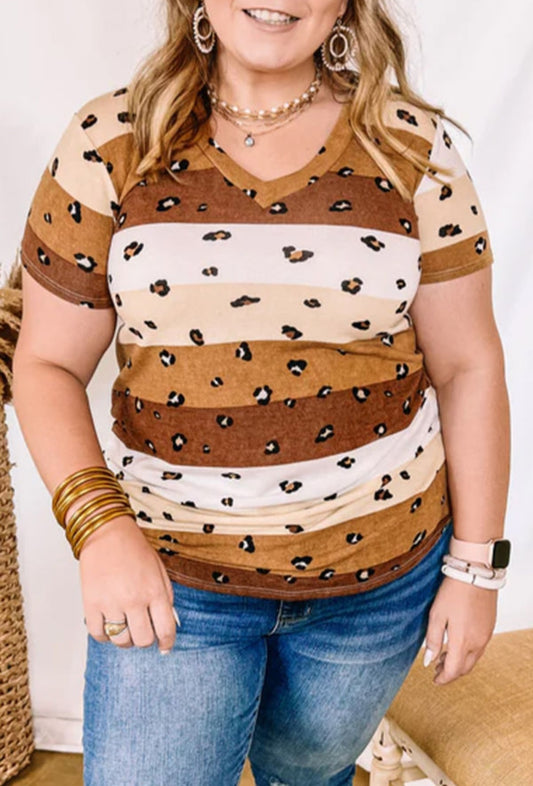 Leopard Color Block V Neck Short Sleeve Shirt