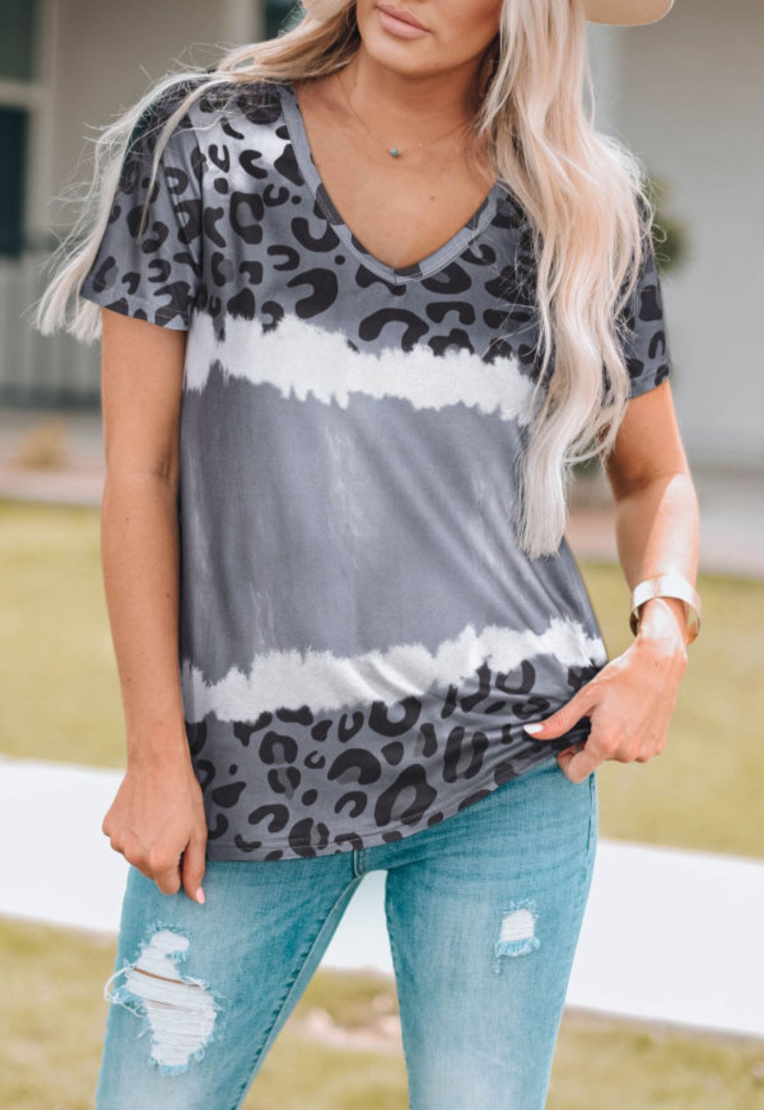 Gray Tie-Dye Leopard Patchwork Short Sleeve Shirt