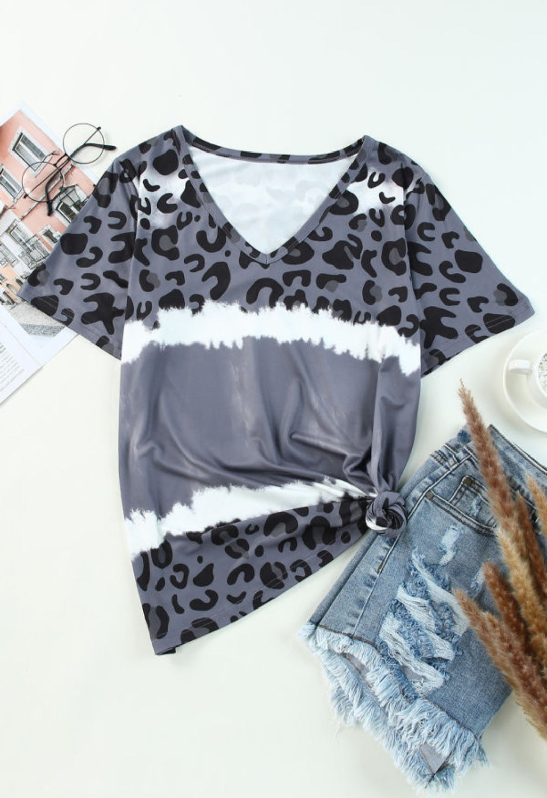 Gray Tie-Dye Leopard Patchwork Short Sleeve Shirt