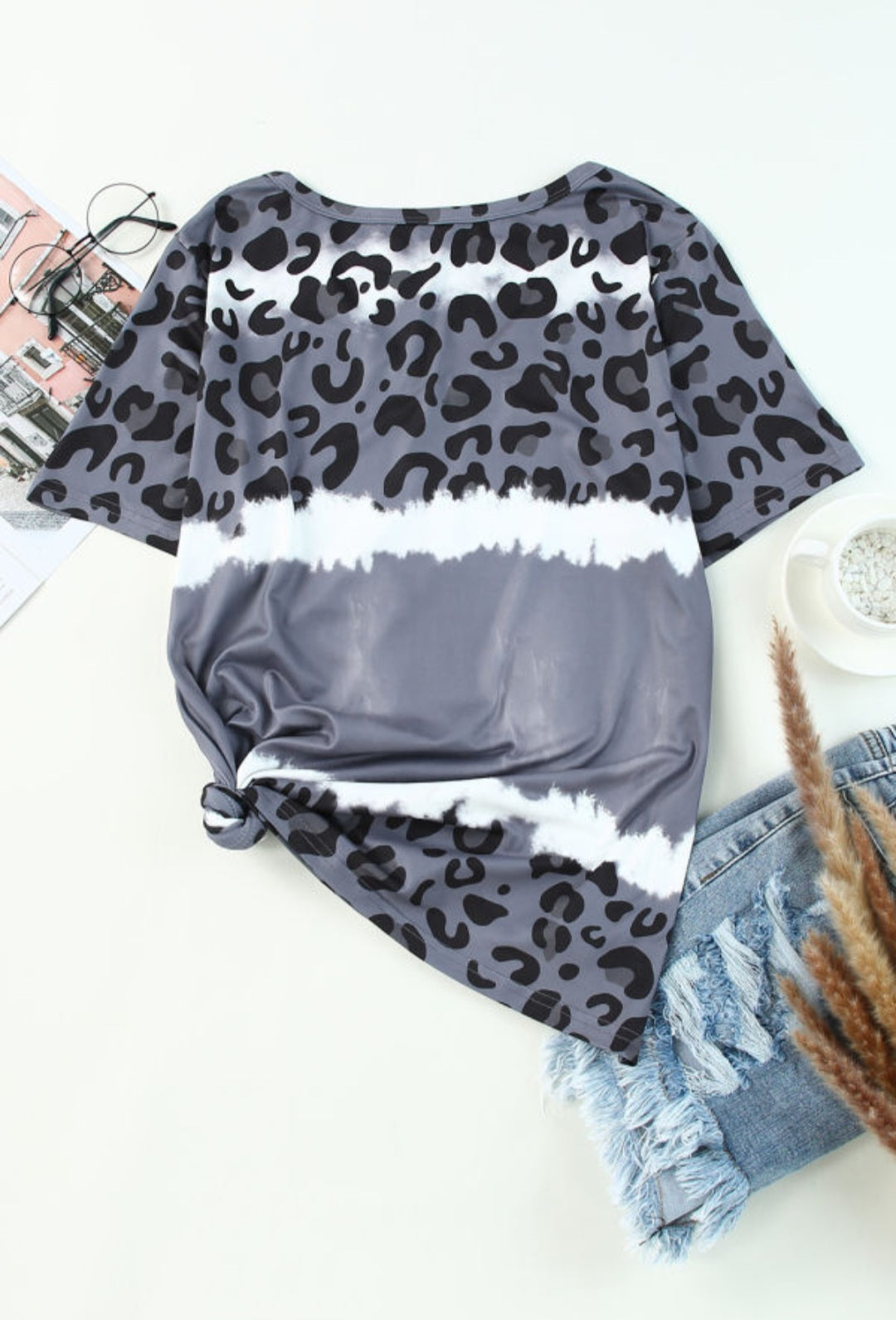 Gray Tie-Dye Leopard Patchwork Short Sleeve Shirt