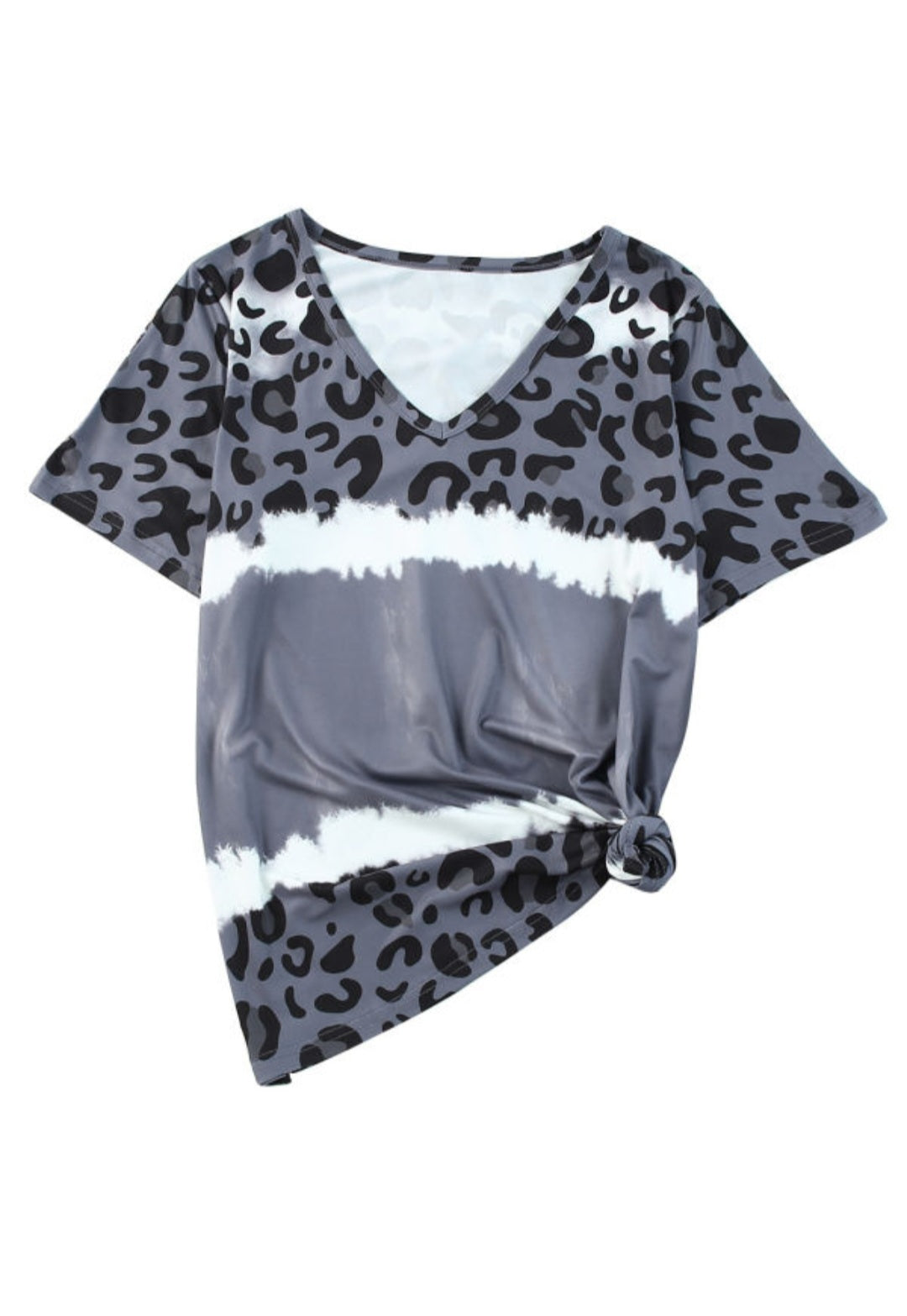 Gray Tie-Dye Leopard Patchwork Short Sleeve Shirt