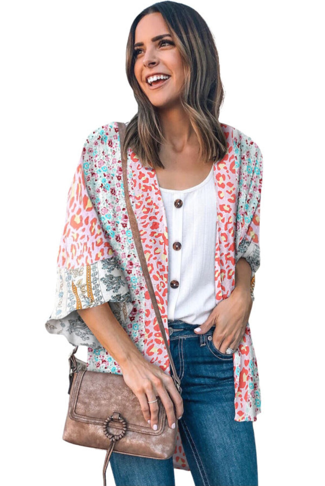 Multicolor Open Front Bell Sleeve Kimono