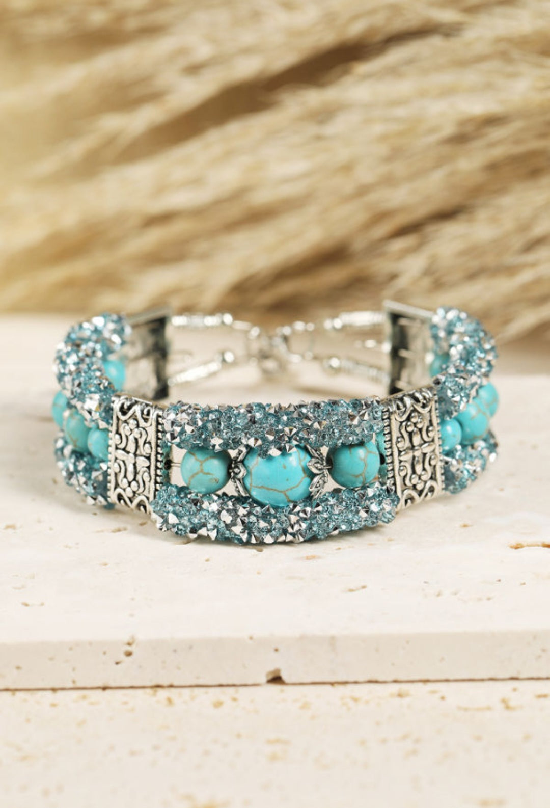 Green Western Turquoise Beads Rhinestone Carved Bracelet