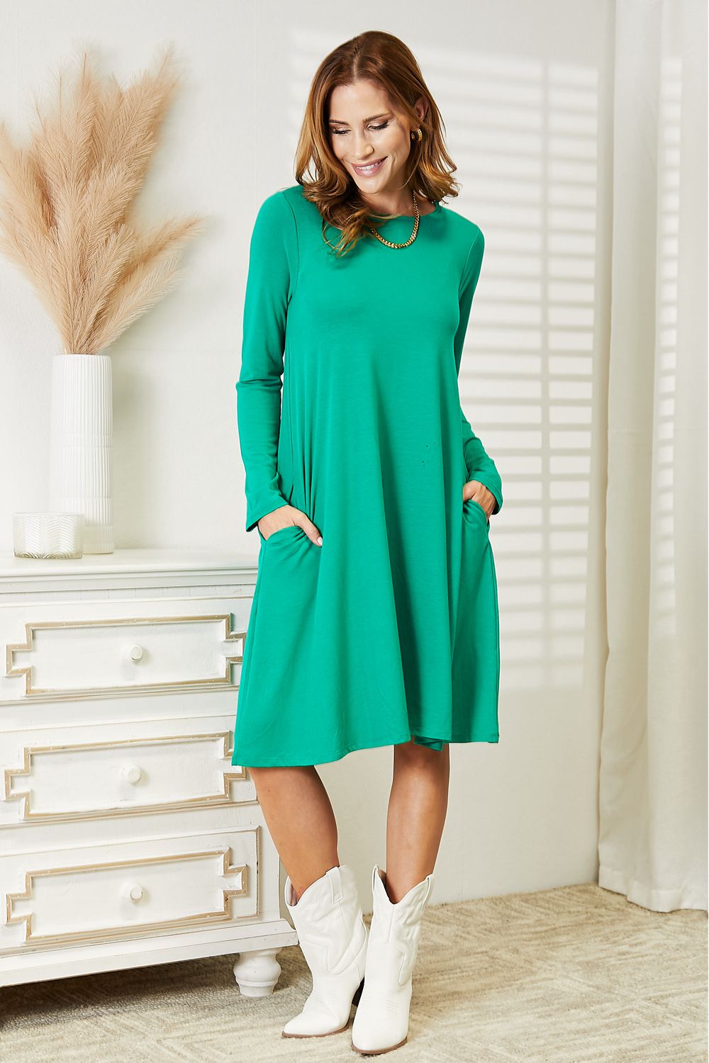 Zenana Full Size Long Sleeve Flare Dress with Pockets