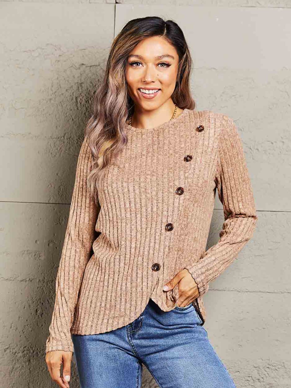 Double Take Ribbed Round Neck Buttoned Long Sleeve Tee